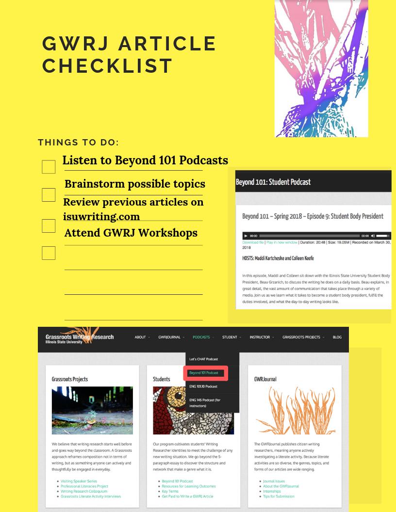 ISUWriting's tweet image. ENG 101 Students: Near the end of the semester you may be assigned to write a Grassroots style article. It’s a good idea to start thinking of topics early on! Here is a checklist to help start the process and a link to Beyond 101 Podcasts by WP interns: isuwriting.com/series/beyond1…