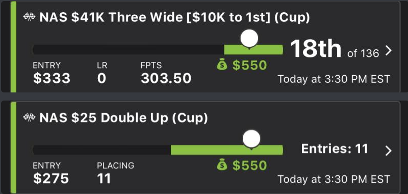 Area51DFS's tweet photo. Our resident #NASCAR guru @msj212 was not playing around this Sunday! 💪 s/o to @thedailyaverage #DFS #area51DFS #TheInvasion https://t.co/EfWiXVsGX3