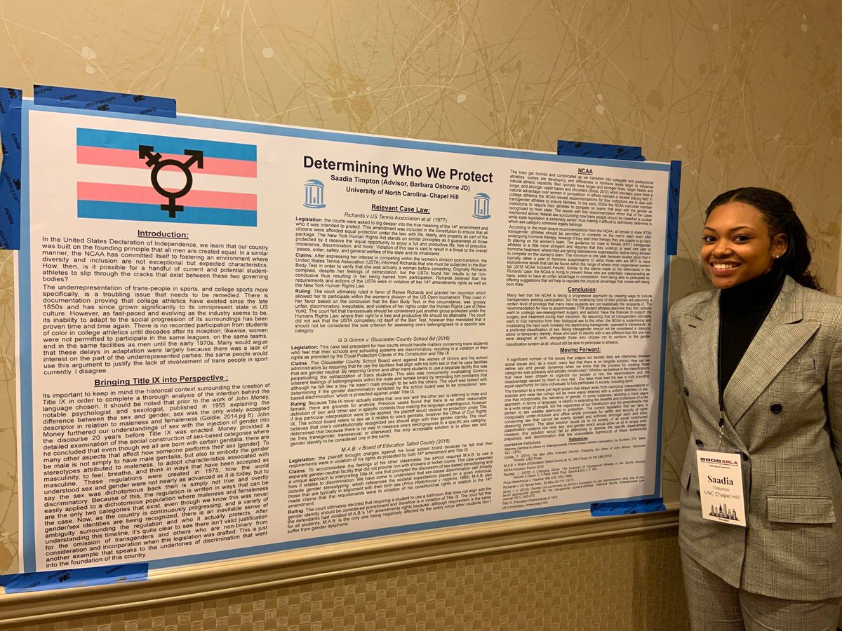 UNCEXSS's tweet photo. EXSS SpAd Graduate Program's Austin Shulte, Gabrielle Nottage and Saadia Timpton presented their research posters at the Sport and Recreation Law Association in Philadelphia on March 1st. #EXSSImpact https://t.co/rVGWw5Qckh