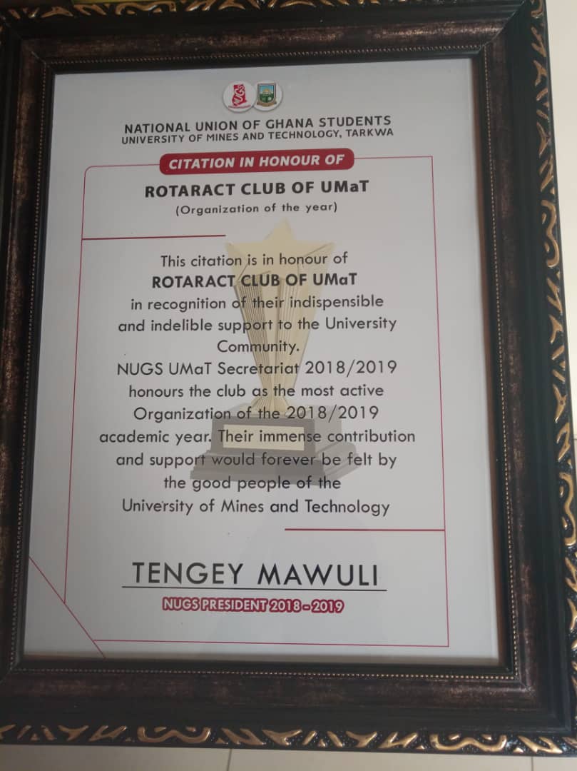 RotaractUMaT's tweet photo. At the recently held NUGS hall of fame awards ceremony, Rotaract club of UMaT took home an award for the association of the year 🏆. 
Our VP, Dennis Owusu was also awarded the most outstanding student in FMRT🏅. 
More wins 🍻🍻
#betheinspiration
#fellowshipthroughservice
#rotary https://t.co/AfB2In8gqe