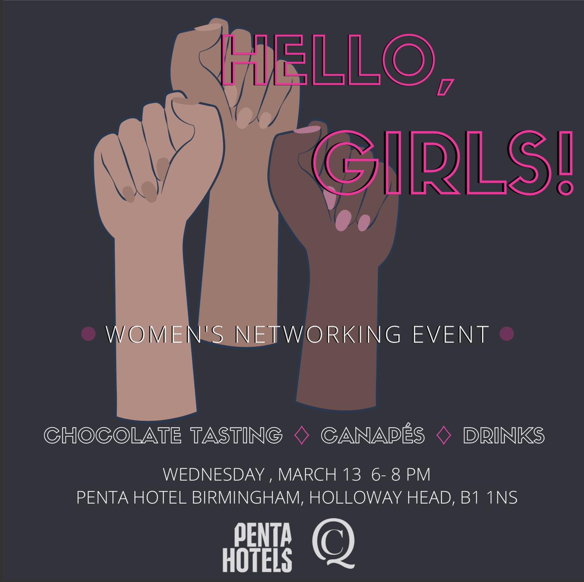 pentahotelbham's tweet photo. Calling all Birmingham girls, celebrate International Women's Month at "HELLO, GIRLS" networking event. Join us on Wednesday, March 13, and enjoy a cocktail or two, canapés and chocolate tasting from @ChocQtr 

Get your ticket here: 

https://t.co/JNRocWpQCW

#networking https://t.co/B2mYmDVgFB