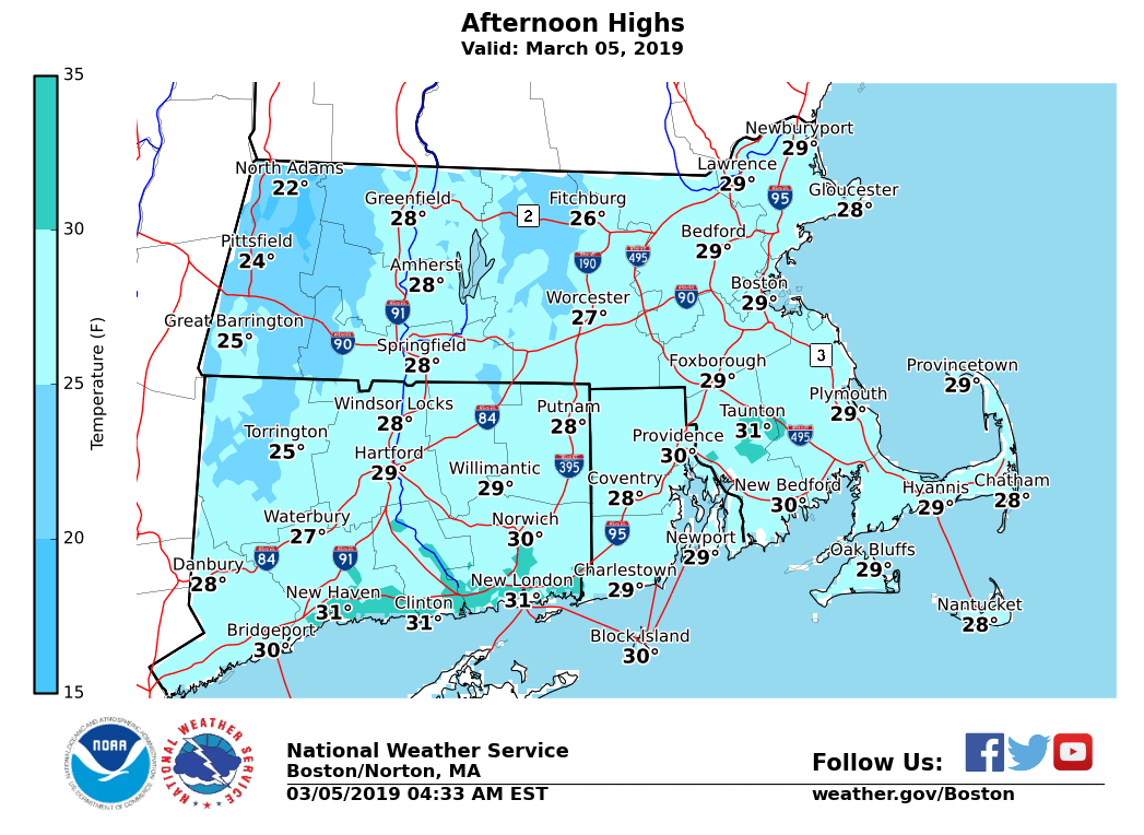 NWSBoston's tweet photo. It's chilly outside, so dress warmly.  Temperatures will climb a little, but will top out this afternoon in the mid 20s to lower 30s. https://t.co/Bzb25cjpit