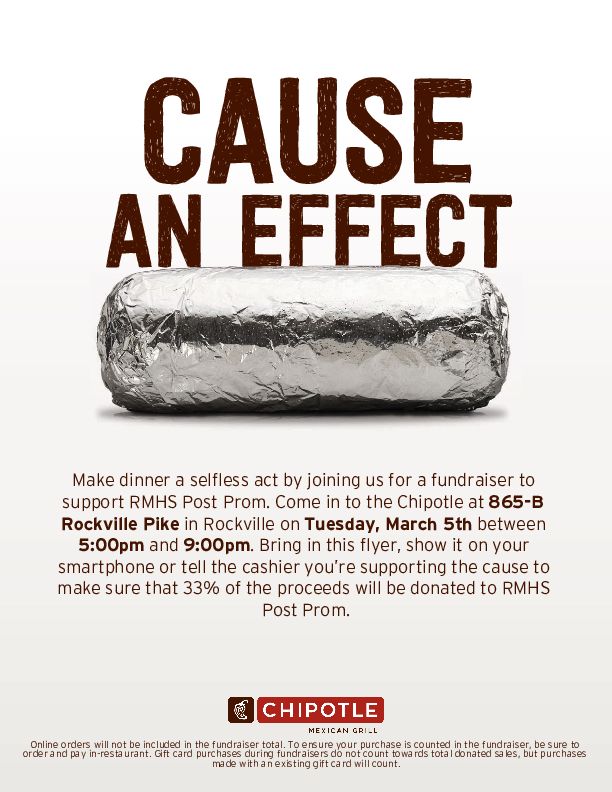 RMHSPostProm's tweet photo. It's here! Eat out at Chipotle in Wintergreen Plaza tonight 3/5 from 5-9 pm. Tell them you are there to support @RMHSPostProm and a fun, safe Prom Night for RMHS students! https://t.co/uVPeGeCAqq