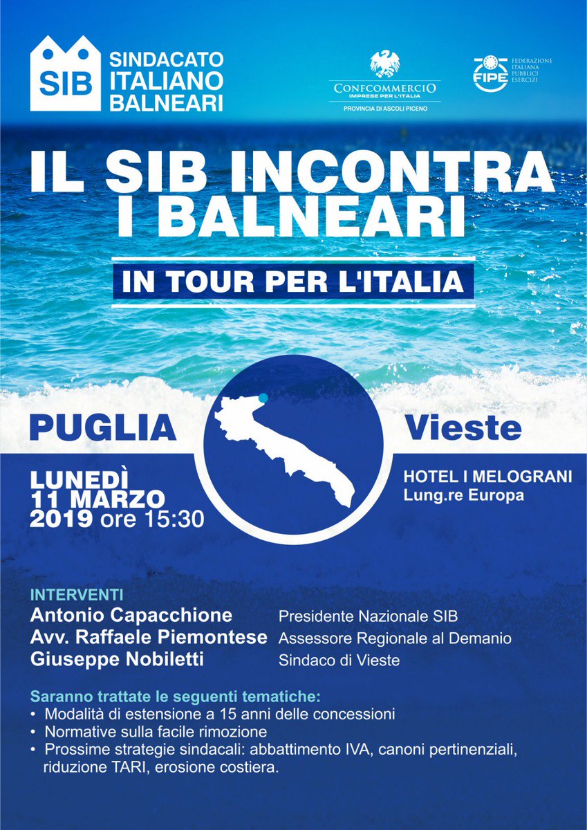 ConfcommercioFG's tweet image. 🏖Anche a #Vieste farà tappa il tour del #SIBConfcommercio con il presidente nazione (e anche della provincia di Foggia) Antonio Capacchione.

📌L'appuntamento è previsto il prossimo 11 marzo alle ore 15.30  👉bit.ly/2tR8DCz 
 #ConfcommercioFG