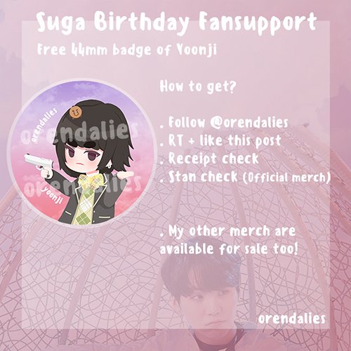 acloudpassing's tweet photo. [Pls rt ty!💕]  
 Hi! I'll be giving away fansupport for Suga Birthday. Will be giving  44mm freebie badges of Yoonji + selling other fanmerch! More details to  be replied to this thread!  😊

🍑 Follow me + RT + Like this post   
🍑 Pls refer to photo for more details! https://t.co/VenO6z8MO3