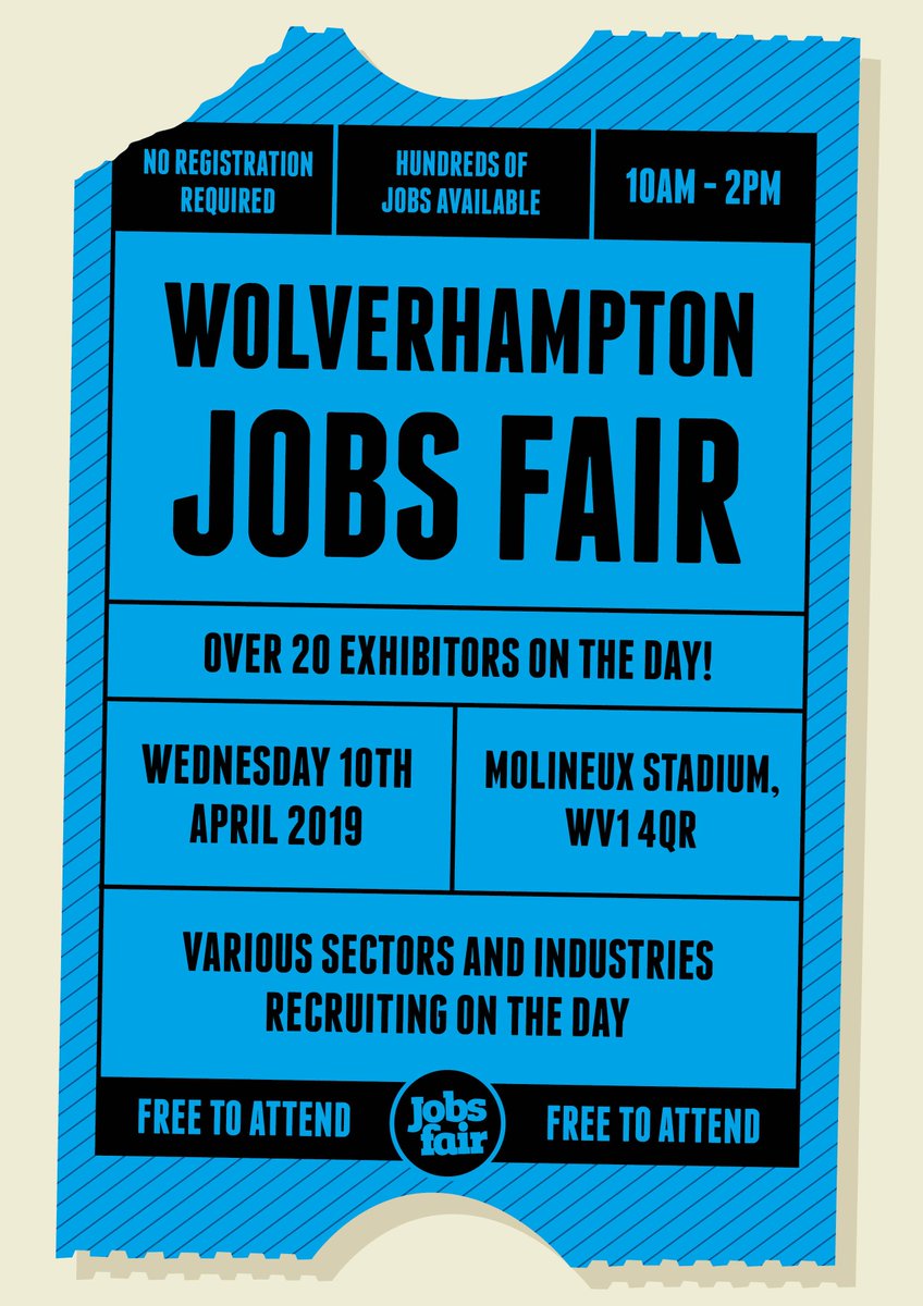 Hundreds of Jobs available at Wolverhampton Job Fair at Molineux Stadium on Wednesday 10th April 2019! goo.gl/sWvp7f