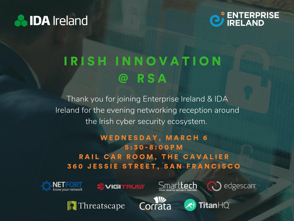 edgescan's tweet photo. Thanks to @Entirl , @IDAIRELAND and @Aoife_sf and the team in San Francisco for launching the second #IrishHappyHour here @RSAConference Hope you can make it! #cyberirish #irishadvantage @TheCavalierSF https://t.co/iFUjoerGaH https://t.co/ecLkJIRBpe
