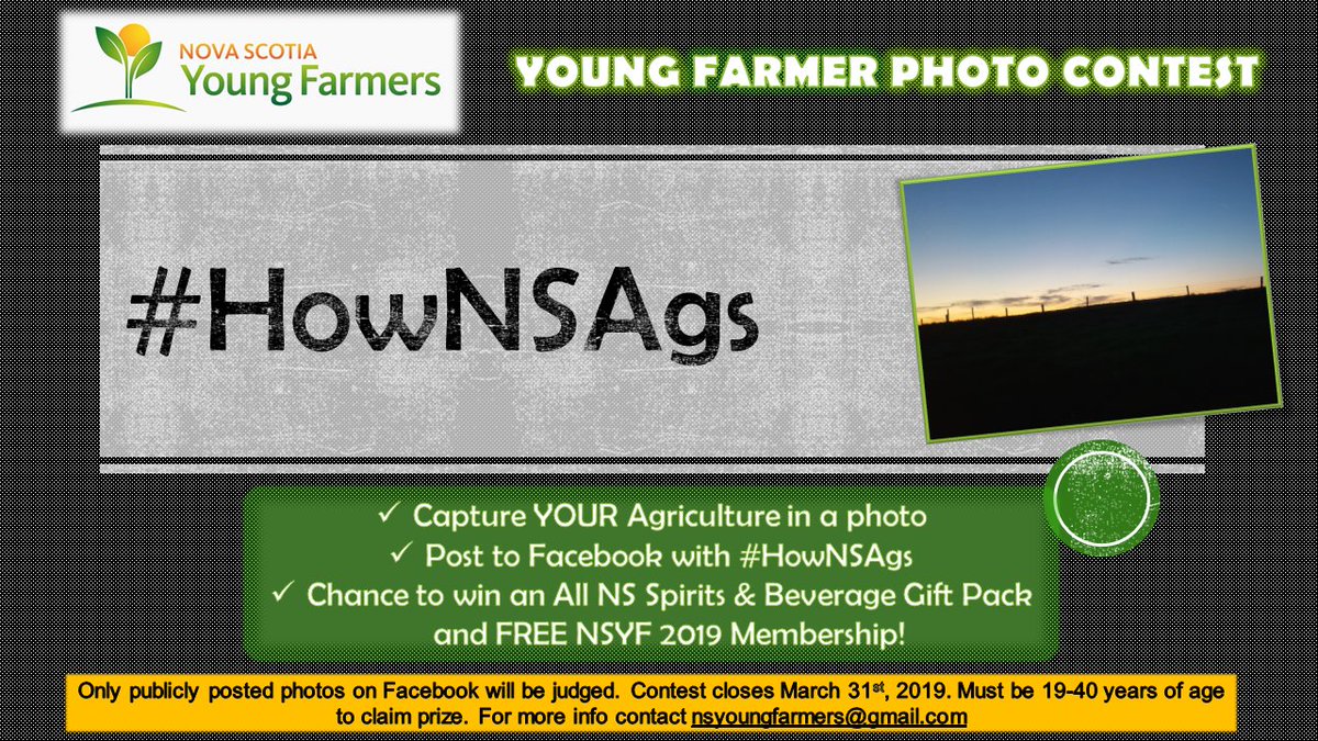 Hey NS! Let's show ppl #HowNSAgs!

If you're in ag, we want to see what you and your livestock, fields, equipment, greenhouses, and farm families are up to throughout March!

You could win an NS Spirits &amp; Beverage Gift Pack PLUS free #NSYF Membership! See details below 👇