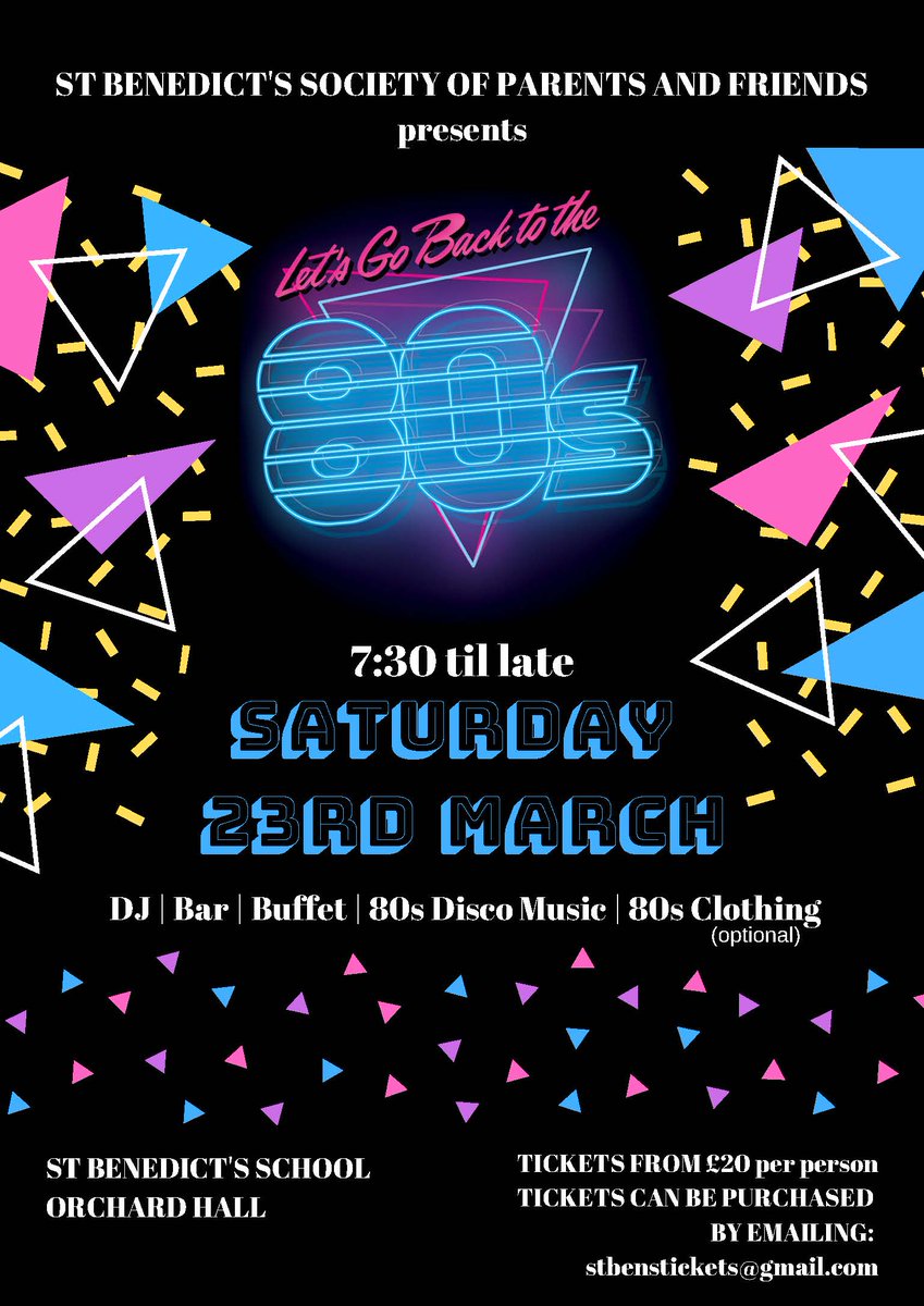 St Benedict’s Development & Alumni Relations (@benniesdevelop) on Twitter photo Our <a href="/stbenedicts/">St Benedict's School</a> Society of Parents and Friends presents the 80s Disco on Saturday 23rd March 2019!!
Tickets still available, open to all <a href="/oldpriorians/">The OPA</a>
To book tickets, please email stbenstickets@gmail.com Our <a href="/stbenedicts/">St Benedict's School</a> Society of Parents and Friends presents the 80s Disco on Saturday 23rd March 2019!!
Tickets still available, open to all <a href="/oldpriorians/">The OPA</a>
To book tickets, please email stbenstickets@gmail.com