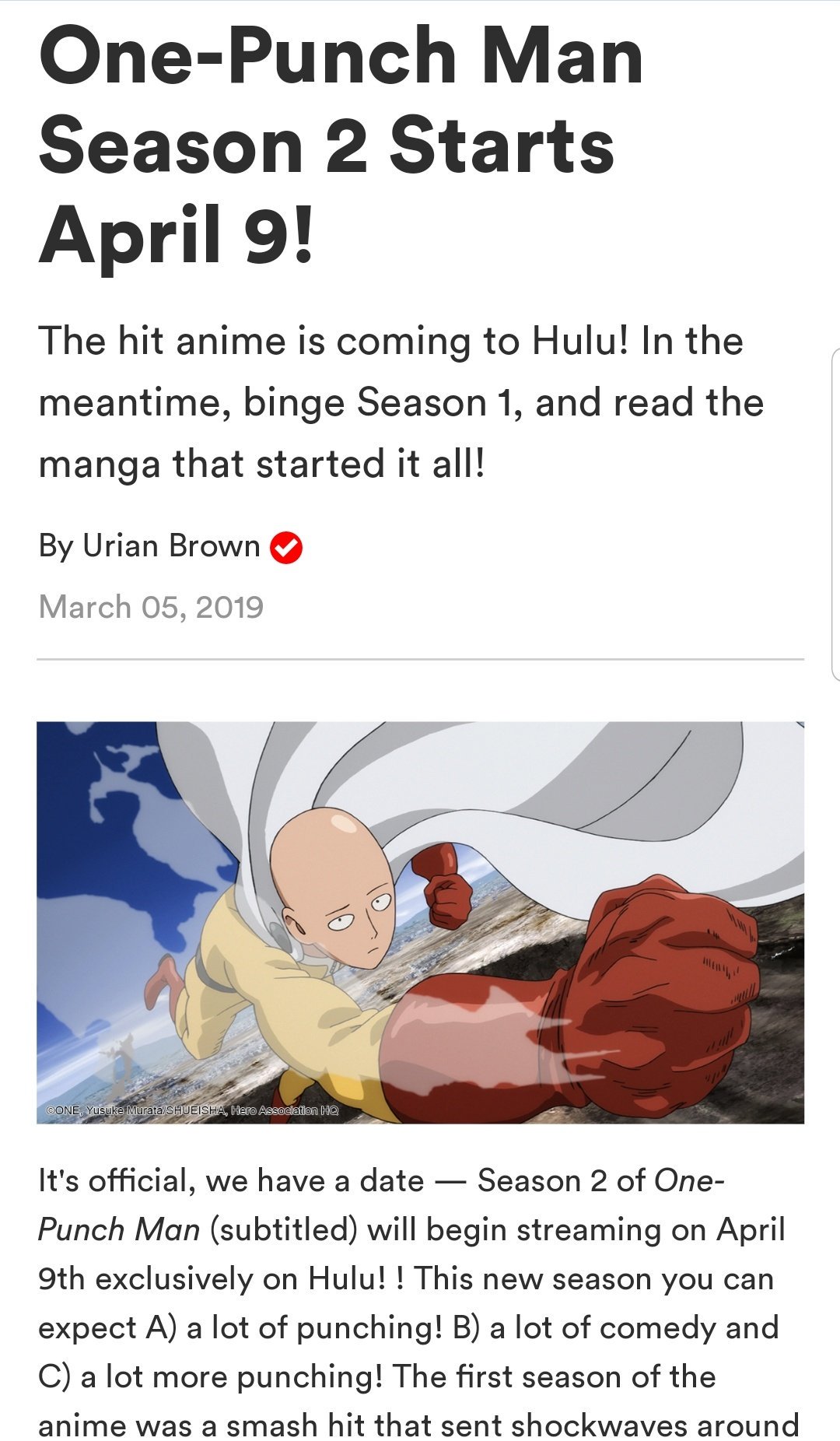 VIZ Blog / One-Punch Man Season 2 Starts April 9!