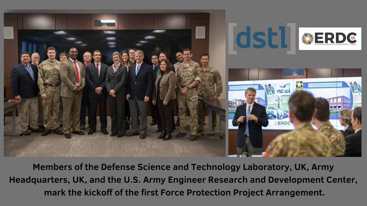 USACEHQ's tweet image. Charlene Gibson and Steve Kerr from Defense Science and Technology Laboratory, UK and MAJ  Bainger, Army HQ, UK visited @ArmyERDC #GSLab last week to kick-off the newly signed Force Protection Project Arrangement (PA) between ERDC and DSTL. 
#discoverdevelopdeliver
