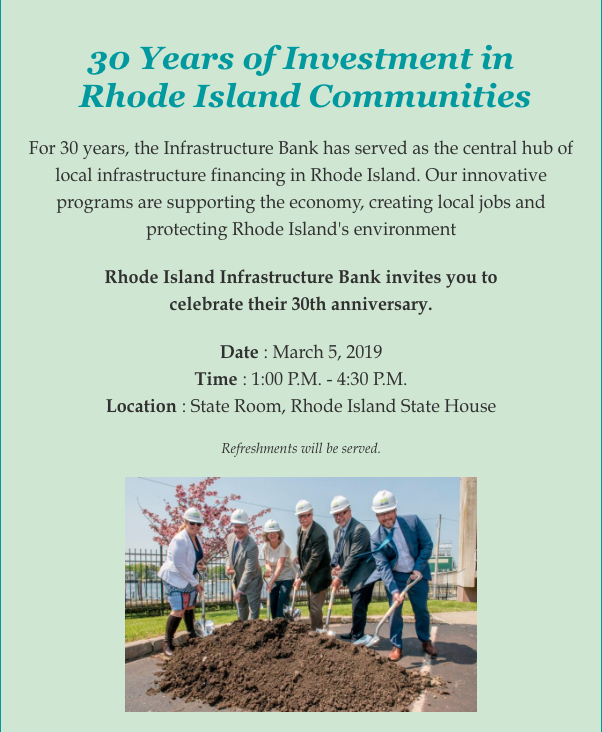 RI_InfraBank's tweet photo. Join the Infrastructure Bank at the State House this afternoon to celebrate 30 years of infrastructure investments in Rhode Island that support the economy, help create local jobs and protect our environment. #30YearsofRIIB https://t.co/7zTAcPtSaz