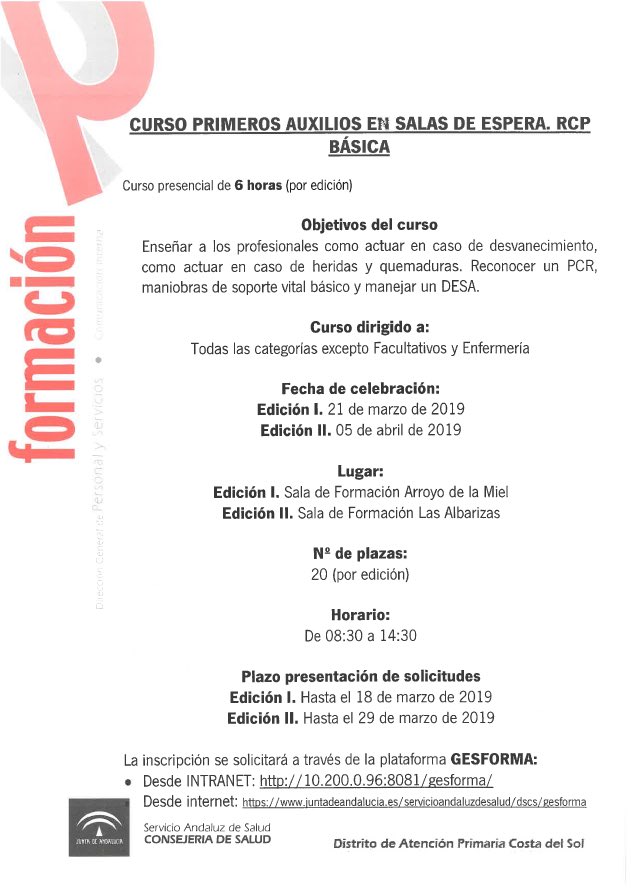 FormDSCostaSol's tweet image. Curso de primeros auxilios y RCP básicas, ¿Te interesa? Te esperamos el 21 de marzo en Arroyo de la Miel o el 5 de abril en Albarizas. Apúntate en Gesforma