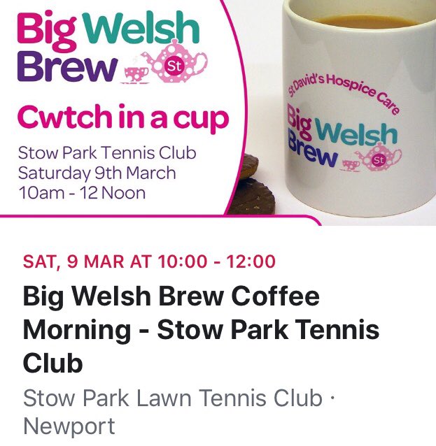 Chris Pascoe (@pasc76) on Twitter photo If you like a tea/coffee and the chance to support a great local charity then this is the event for you!
<a href="/SDFHC/">St Davids Hospice</a> <a href="/StowParkLTC/">Stow Park LTC</a>
#bigwelshbrew If you like a tea/coffee and the chance to support a great local charity then this is the event for you!
<a href="/SDFHC/">St Davids Hospice</a> <a href="/StowParkLTC/">Stow Park LTC</a>
#bigwelshbrew