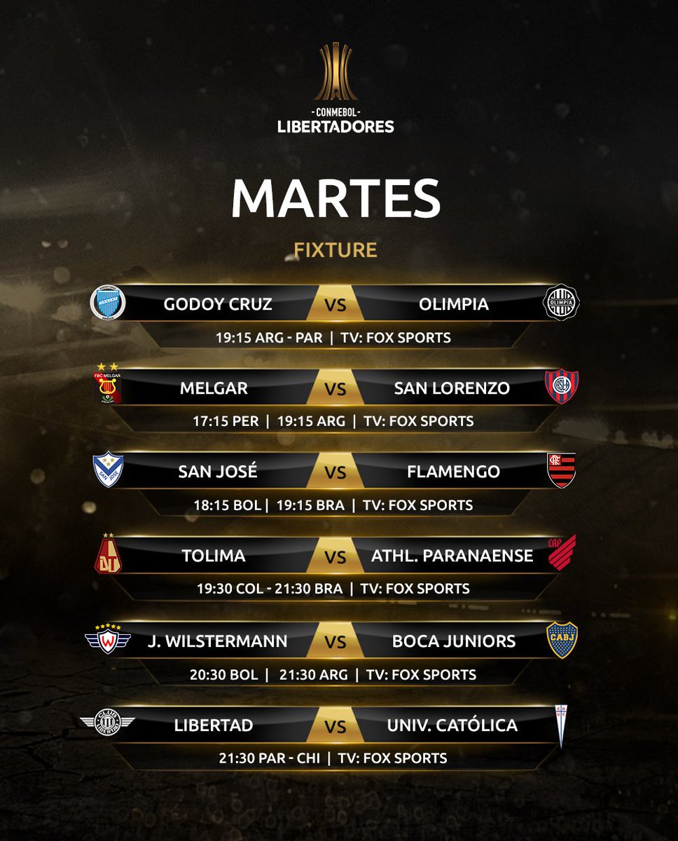 🙌🏆 ¡Un martes que promete emociones!

🔝 Comienza la Fase de Grupos de la #CONMEBOLLibertadores con 6⃣ partidos.