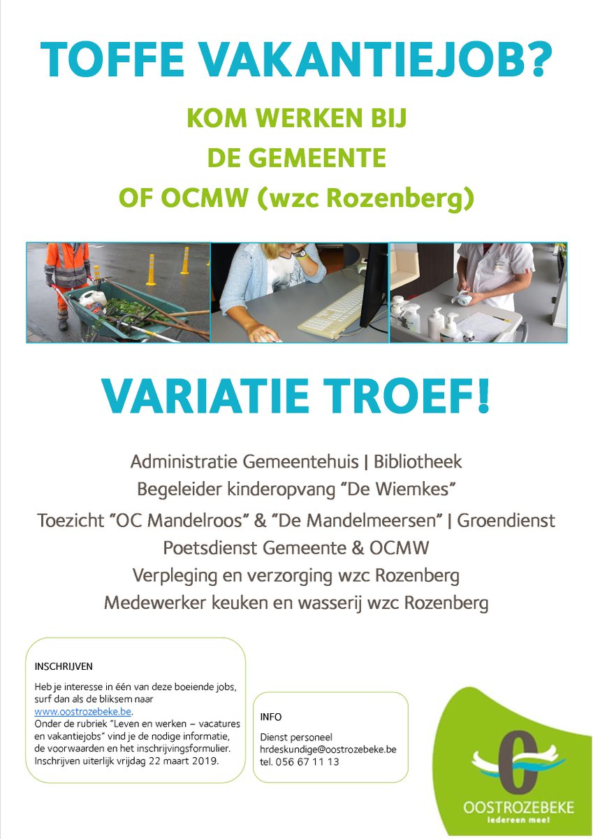 Toffe vakantiejob?
Solliciteer bij gemeentebestuur/ocmw Oostrozebeke.
oostrozebeke.be/gemeente/4053-…