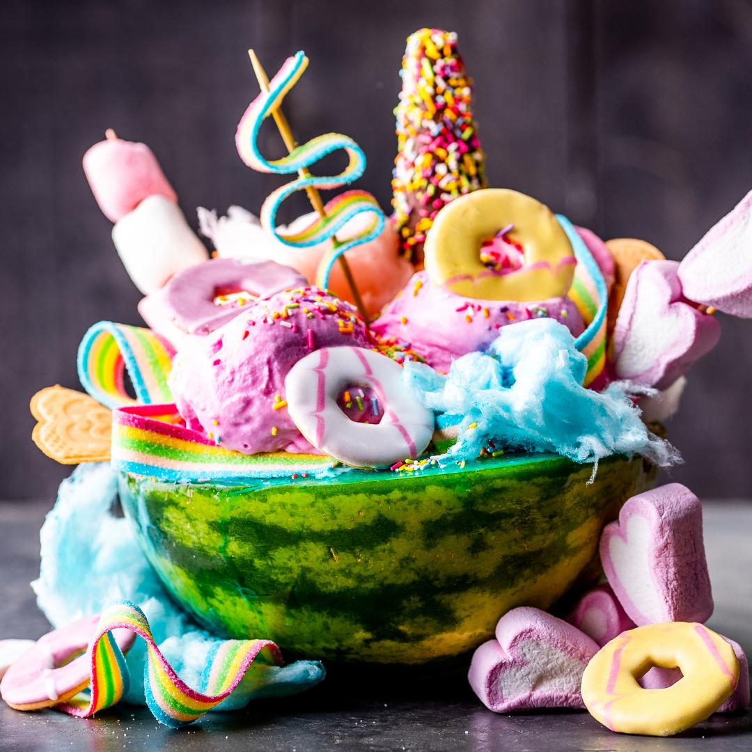THE CANDY MELON SUPER FREAKSHAKE! Get your hands on this today at Maxwell's! Enjoy half a watermelon filled with thick shake, covered in all the candy you could dream off.