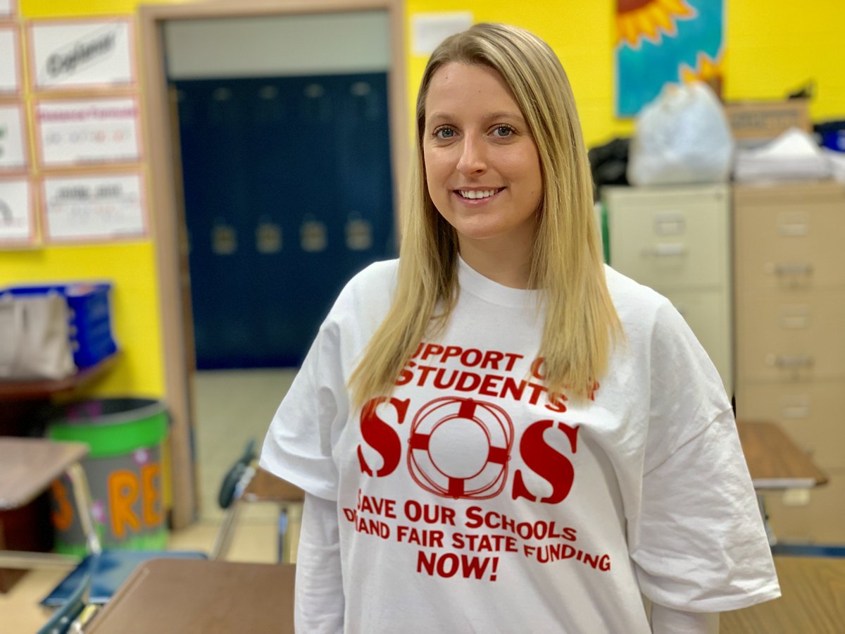 wearetrschools's tweet photo. High School North's Staff Member of the Month Julia Politano is rocking the #SOS shirt that hundreds of TRRS students will be wearing today. This is why we rally, for our staff &amp; students. Which reminds us: 0⃣ days until Trenton. The time ⏲️ is now. Here we go. #StopStateAidCuts https://t.co/oeUAlDUknk