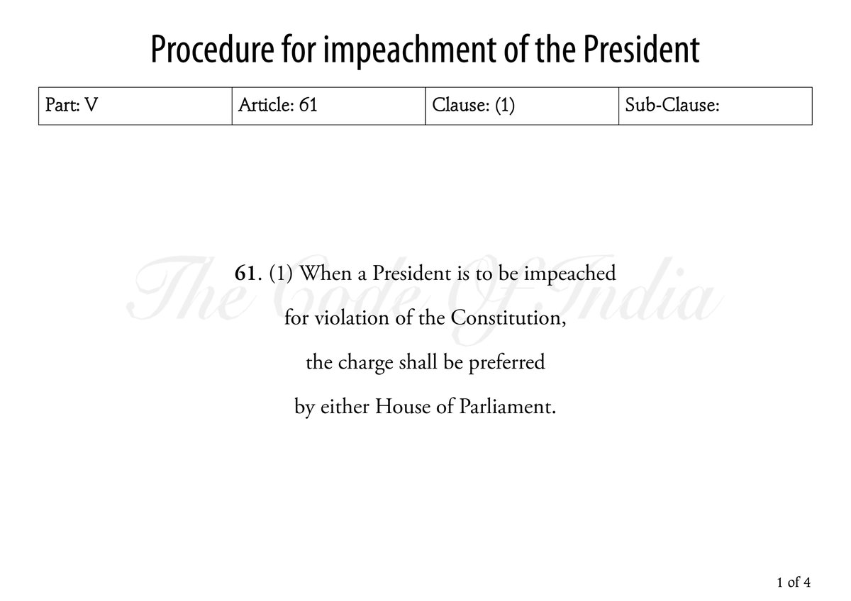 TheCodeOfIndia's tweet photo. Procedure for impeachment of the President #Article61 #Impeachment #ThePresidentOfIndia #Chapter1 #TheExecutive #Part5 #TheUnion #India #TheConstitutionOfIndia #TheCodeOfIndia https://t.co/zdy7oKA5Sc