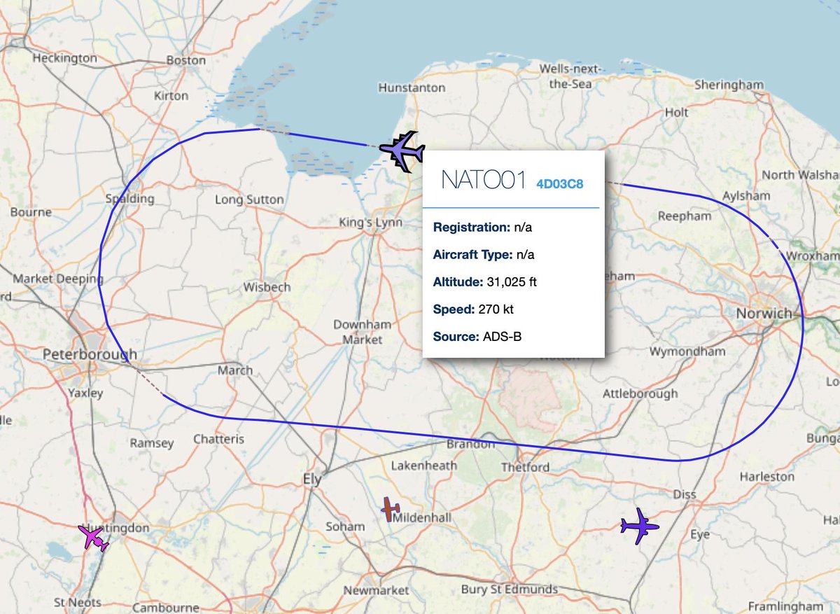 orpen_m's tweet image. NATO01, Boeing E-3A Sentry, over Norfolk this afternoon.
#FlightAware #PiAware