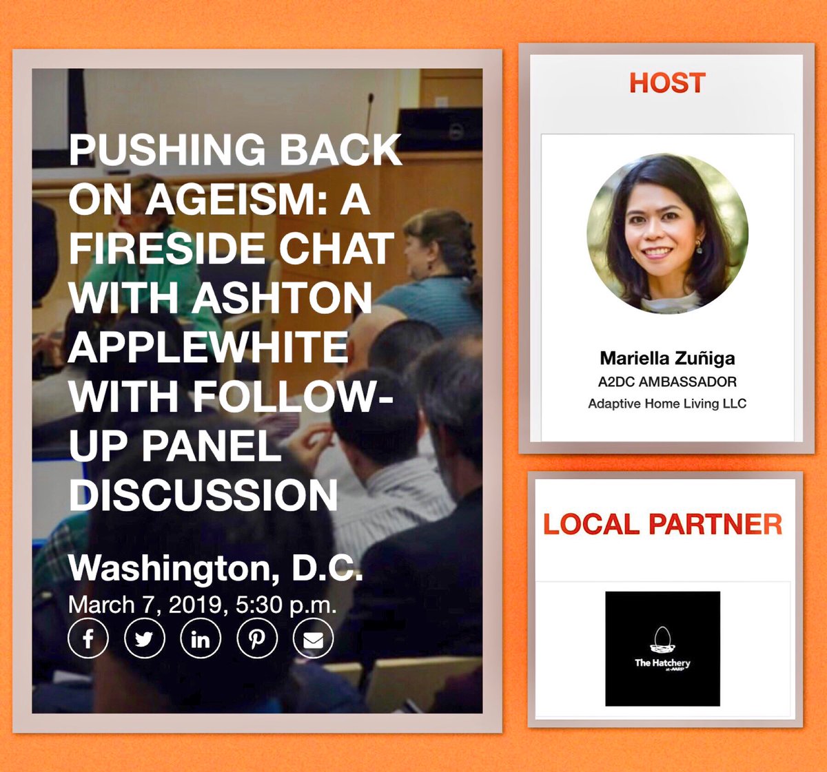 mariella_zuniga's tweet image. Absolutely excited about @Aging2DC event tackling #ageism this Thursday evening @AARP Hatchery. Super thrilled to host an incredible line up of speakers @thischairrocks @55fakingnormal @TLGendron @StriaNews @sageusa @linkedsenior w @McMegM @bcsweinberg @TinaSandri @PoliticsProse