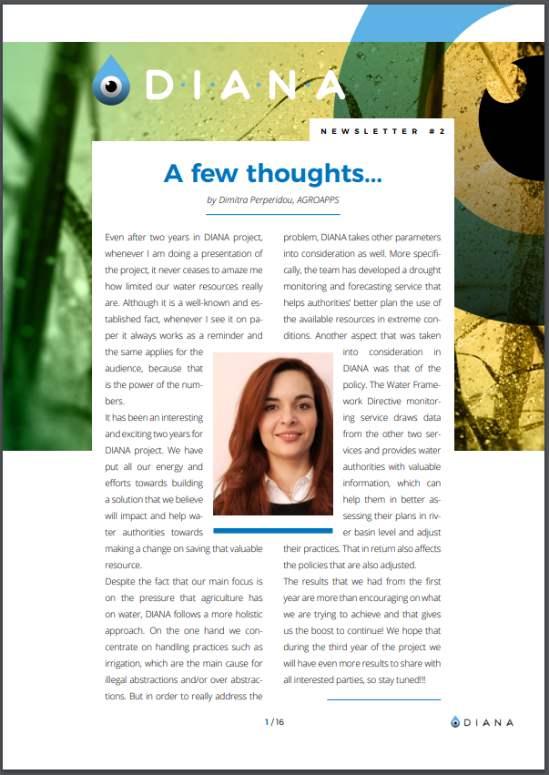 DIANA Project 2nd Newsletter 📰 is out 📣! 

Check here to read the 2nd Issue 📰➡️ bit.ly/Diana_Newslett… &amp; make sure to join the DIANA team💧 at ➡️bit.ly/Diana_Project 

#water #drought #illegalAbstractions #WFD #EU #H2020