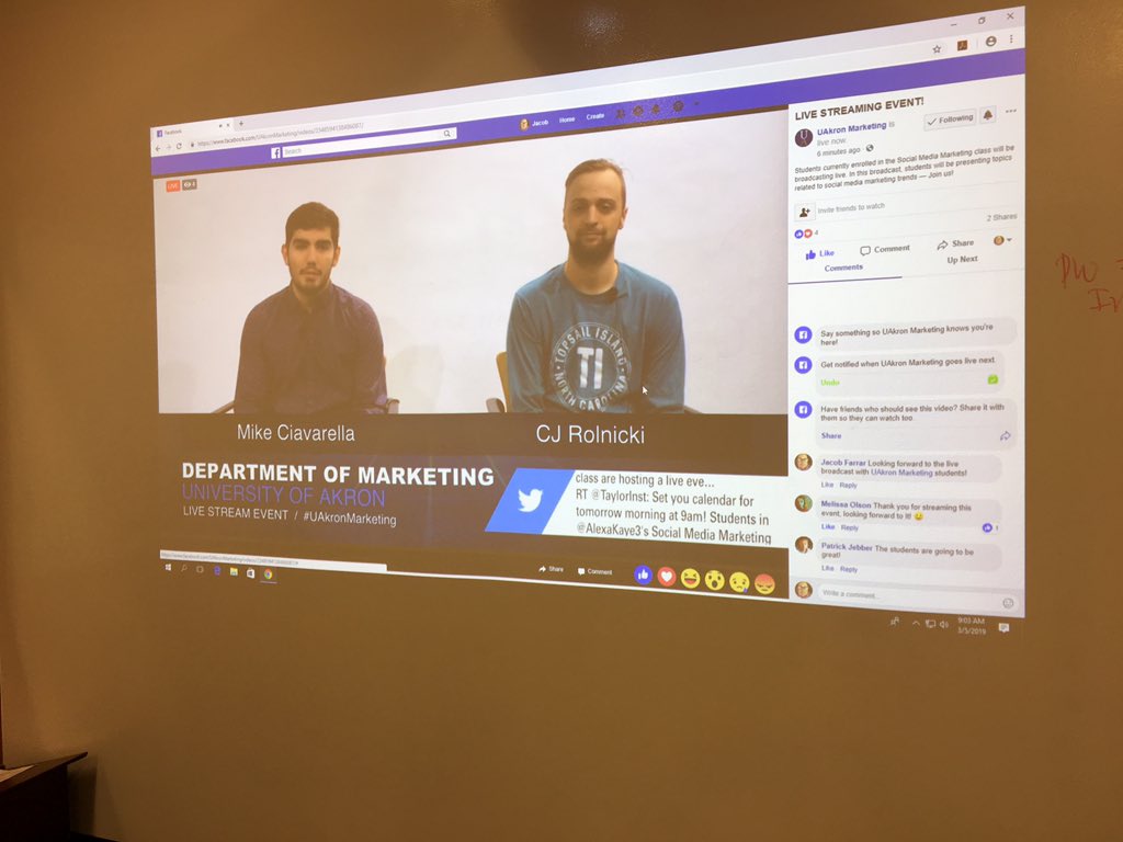 TaylorInst's tweet photo. We are live! Check out the live broadcast via the @UAkronMarketing Facebook page - https://t.co/MlhU5wb68m #UAkronMarketing https://t.co/rK2n87hTeD