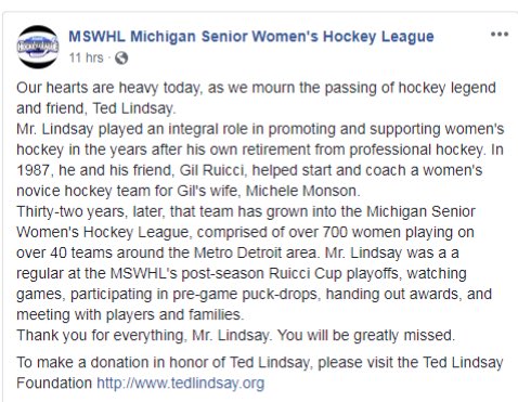 The hockey world needs to know the impact Ted Lindsay had on women’s hockey. #terribleted <a href="/freepsports/">Freep Sports</a> <a href="/cbcsports/">CBC Sports</a> <a href="/TheIceGarden/">The Ice Garden</a> <a href="/usahockey/">USA Hockey</a> <a href="/JeffMarek/">Jeff Marek</a>