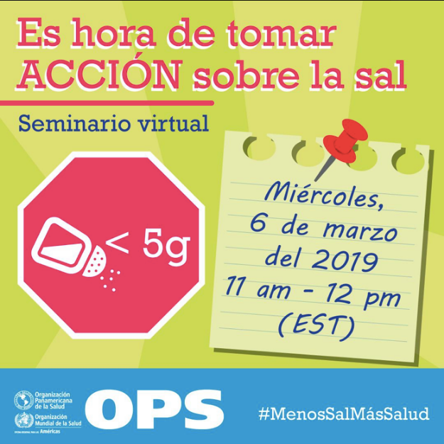 👀¿Qué intervenciones se pueden implementar para reducir el consumo de sal en la población? 

👉Conectate a nuestro Seminario virtual, 📅 6 de marzo: bit.ly/2GLDOY6   

👉Registrate: eepurl.com/dnwALH  

#MenosSalMásSalud #SemanadelaSal