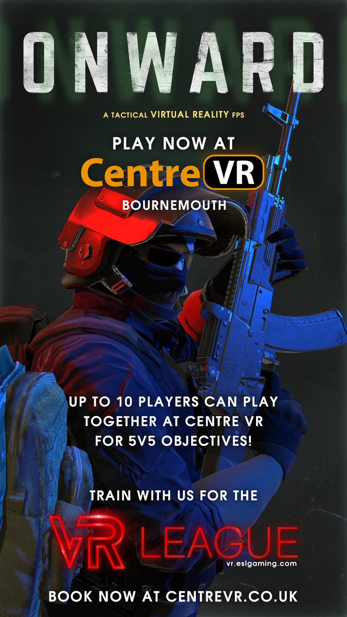 Want to take part in the VR League or the <a href="/Onward_VRML/">Onward VR Master League</a>? Come and train at Centre VR where we can accommodate a full team of 5 Players and a full game of 10 Players for 5v5! #OnwardVR #VirtualReality #VRLeague