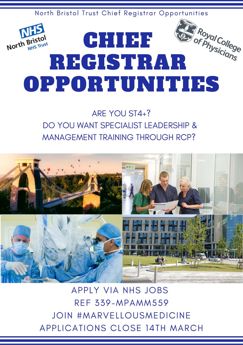 #ChiefRegistrar opportunities available @NorthBristolNHS in association with @RCPLondon. Fantastic opportunity to develop your clinical & leadership & management skills. Apply now! #OneNBT #marvellousmedicine @Rhiannon_k_h @armstrongduff @BenHewlett8 @dr_nigel_lane