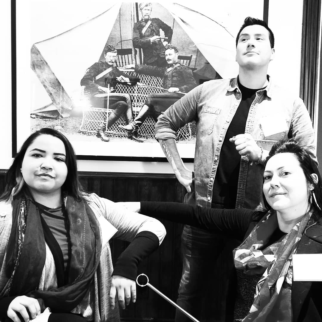 Darren Patenaude, Melissa Quenelle, Diandra Bruisedhead, indigenous youth climate activists, assert their rightful authority over the Canadian army that stole their land ..in the officers mess of FortCalgary (where we did a comms training