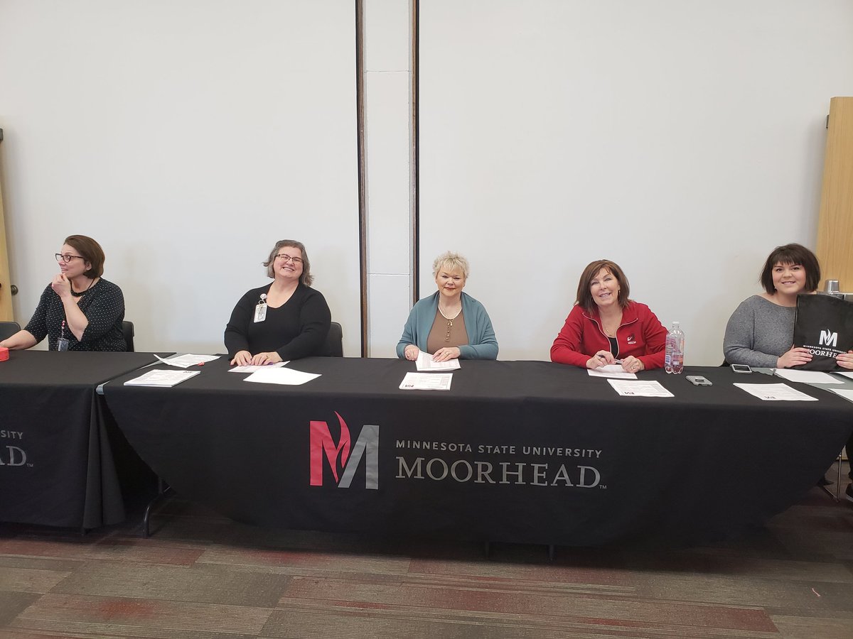 MSUMMelissaO's tweet photo. This smiley group is ready to welcome MSUM staff to Staff Development Day! #staffdev2019 https://t.co/Y6WW5zjVxQ
