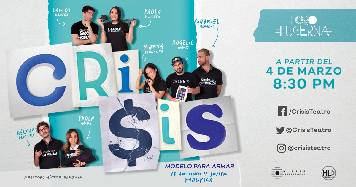 💥ESTRENO 💥

<a href="/CrisisTeatro/">CrisisTeatro</a>  estrena el día de hoy en <a href="/ForoLucerna/">Foro Lucerna</a> 

Todos los Lunes 8:30pm, desde hoy hasta el 1o de abril

Elenco: <a href="/MartaFernanda01/">Marta Fernanda</a>, <a href="/PaolaMinguer/">Paola Mingüer</a>, <a href="/paolagomezmx/">Paola Gomez</a> @erresuarez, Gabriel Navarro, Carlos Banega y Héctor Berzunza