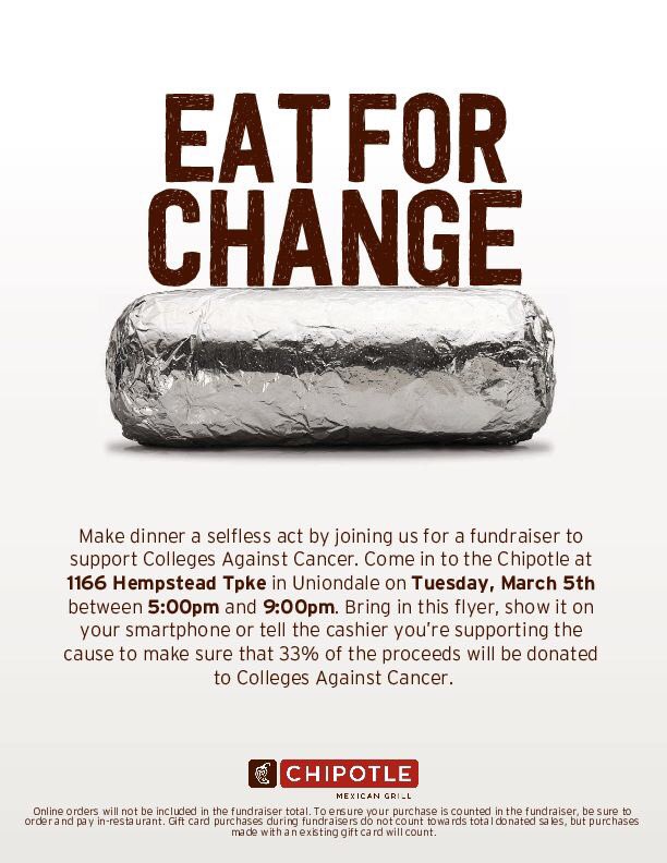 TODAY IS THE DAY! Between 5:00 PM and 9:00 PM, the Chipotle at 1166 Hempstead Tpke will be donating 33% of its proceeds to Colleges Against Cancer at Hofstra University. Show this post to cashier or just let them know you are supporting the cause! #hurelay