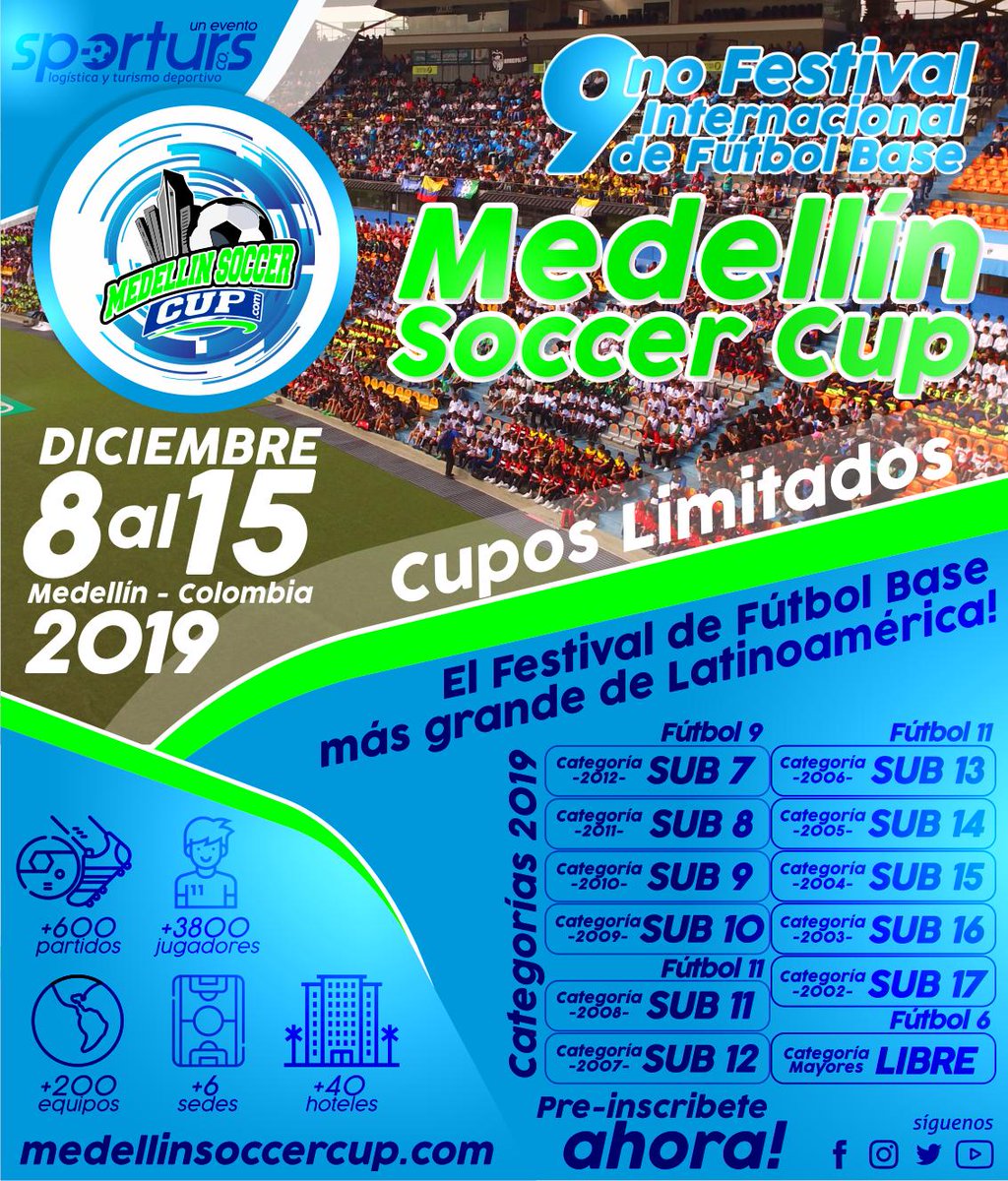 SportursCo's tweet photo. Preinscripciones Abiertas! No te pierdas la oportunidad de vivir esta aventura  en la ciudad de la eterna primavera! Nuestra 9na edición del Festival de Fútbol Base más grande de Latinoamérica será espectacular! Preinscribete ya en https://t.co/PtXeq0epQT ! 
@sporturscol https://t.co/LPkMouZL2p
