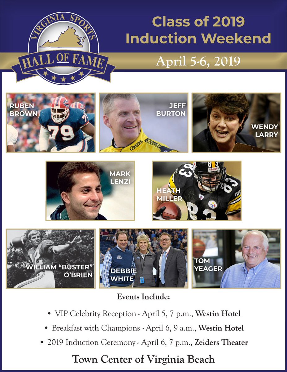 VaSportsHoF's tweet photo. 1-month until #2019InductionWeekend, The Hall will celebrate the Class of 2019 @Ruben7974 @JeffBurton #WendyLarry #MarkLenzi #HeathMiller #BusterObrien @oldjogger and #TomYeager, April 5-6 in @VBTownCenter.
#ParticipateDontSpectate
https://t.co/lCCGecgA2g https://t.co/SOsRjx4DUy