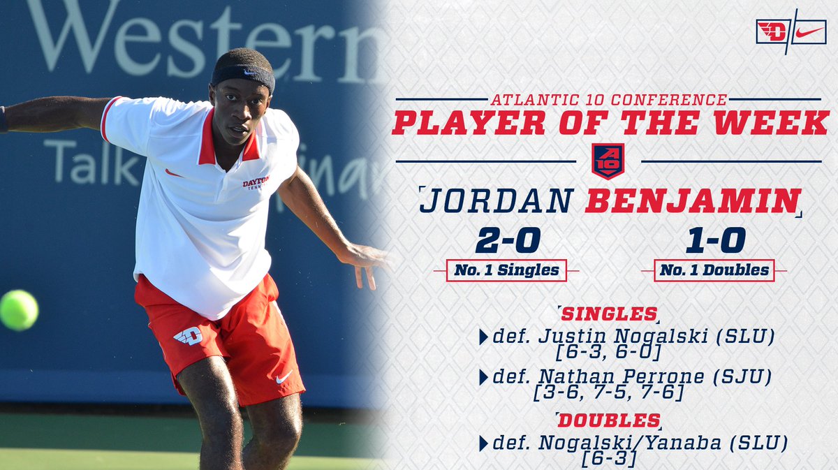 UDFlyerTennis's tweet photo. Jordan Benjamin and Joe DeMarco were both honored by the Atlantic 10 Conference on Tuesday as the Player and Rookie of the Week! 🏆🏆

Dayton swept a pair of A-10 opponents over the weekend with wins over Saint Louis and Saint Joseph's! https://t.co/AZmmClk1Ya