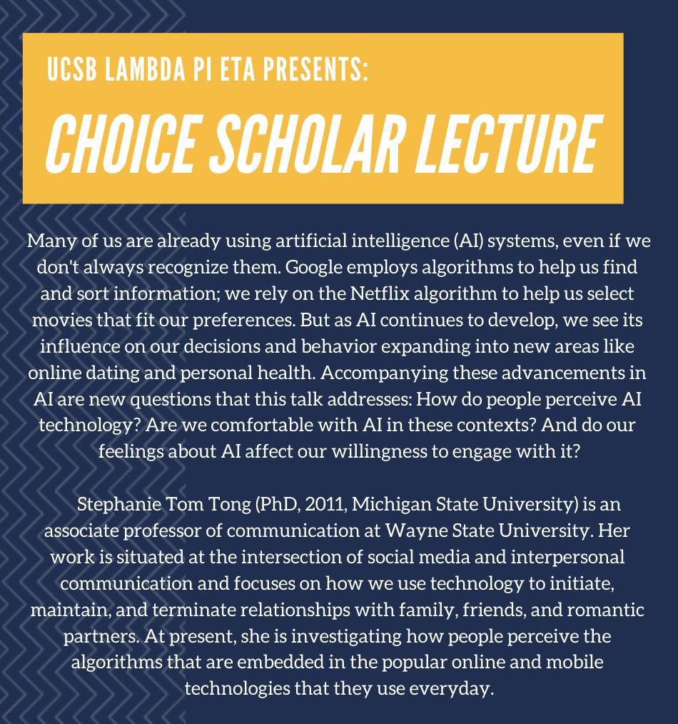 Learn more about our Choice Scholar, Stephanie Tom Tong, in preparation for our event on Friday! #UCSB #LambdaPiEta #Communication #ArtificialIntelligence @LambdaPiEta_NCA