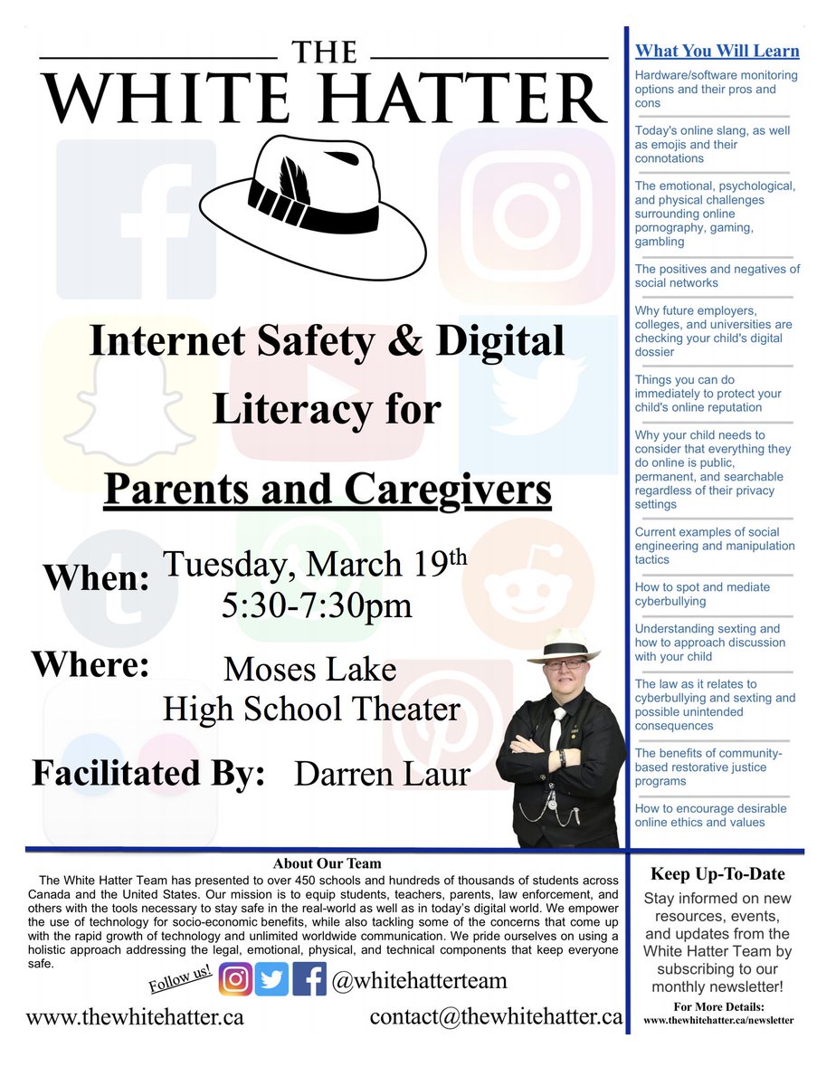 Parents! Grandparents! Caregivers! Are you concerned about social media, cyberbullying or simply parenting in this digital age? You aren't going to want to miss The White Hatter on March 19th at the high school theater. Everyone is welcome to attend!