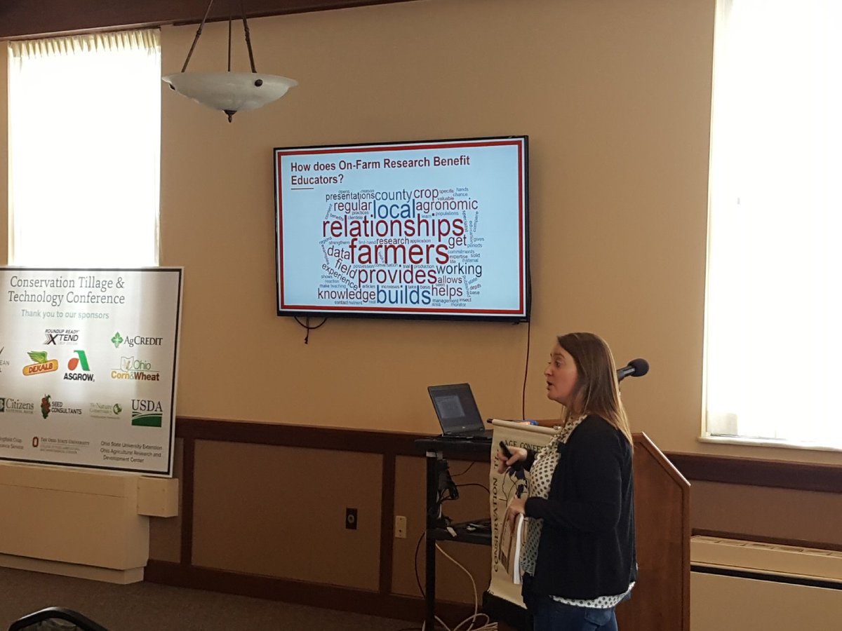 OhioStatePA's tweet photo. @Farm3rsDaught3r talking about the benefit of on-farm research and specifically #eFields at #CTTC19. #precisionag #CFAES https://t.co/TKU6YmPPfy