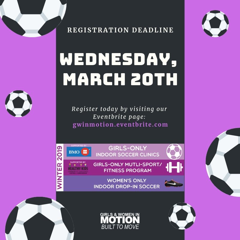 The registration deadline for all our upcoming programs is Wednesday, March 20th at 11:59 p.m.! Whether you're signing up for our Women's Only #Soccer, Girl's Only Soccer or Multi-Sport program, head on over to our Eventbrite page to register: ow.ly/kUhf30nVUka #scarborough