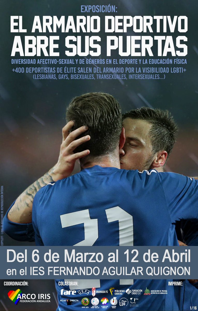 🏳️‍🌈Mañana inauguramos la #EXPO "El Armario Deportivo abre sus puertas" en el IES Fernando Aguilar de #Cádiz
⚽️🏀⚾️A partir de las 10:30H 🥎🏈🏐¡Os esperamos!
#LGBTI #DerechosHumanosLGBTI #Deporte #Educación