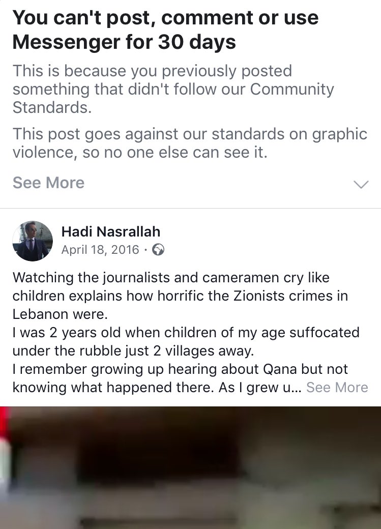 HadiNasrallah's tweet photo. @facebook have blocked my account for 30 days for the 3rd time after they've removed a post that exposes Israel's war crimes in Lebanon
@Twitter on the other hand have been "ghost-deleting" my tweets including the viral #SaveGhouta thread
#SaveGhouta post:
https://t.co/OEE2sSOqeN https://t.co/Z312EY6kvE