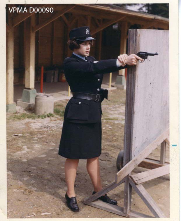 policemuseum's tweet photo. P.C. Marylyn Sims at the shooting range. During the 1960s, female officers were not allowed to carry firearms, but were required to train with them. In 1973 the women of the VPD were finally permitted to carry firearms in the field. #VPD #VancouverHistory #VancouverPoliceMuseum https://t.co/QGj667AHe9