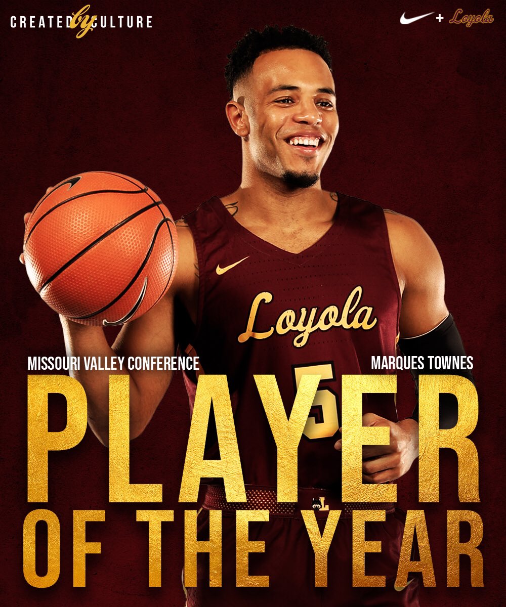 RamblersMBB's tweet photo. Congrats to redshirt senior guard @Marq_Towne5 who has been named @ValleyHoops Player of the Year! He is the second #Loyola player in as many seasons to earn the honor, joining @ClaytonCuster3. #OnwardLU #MVCHoops https://t.co/LNE0g3AypN