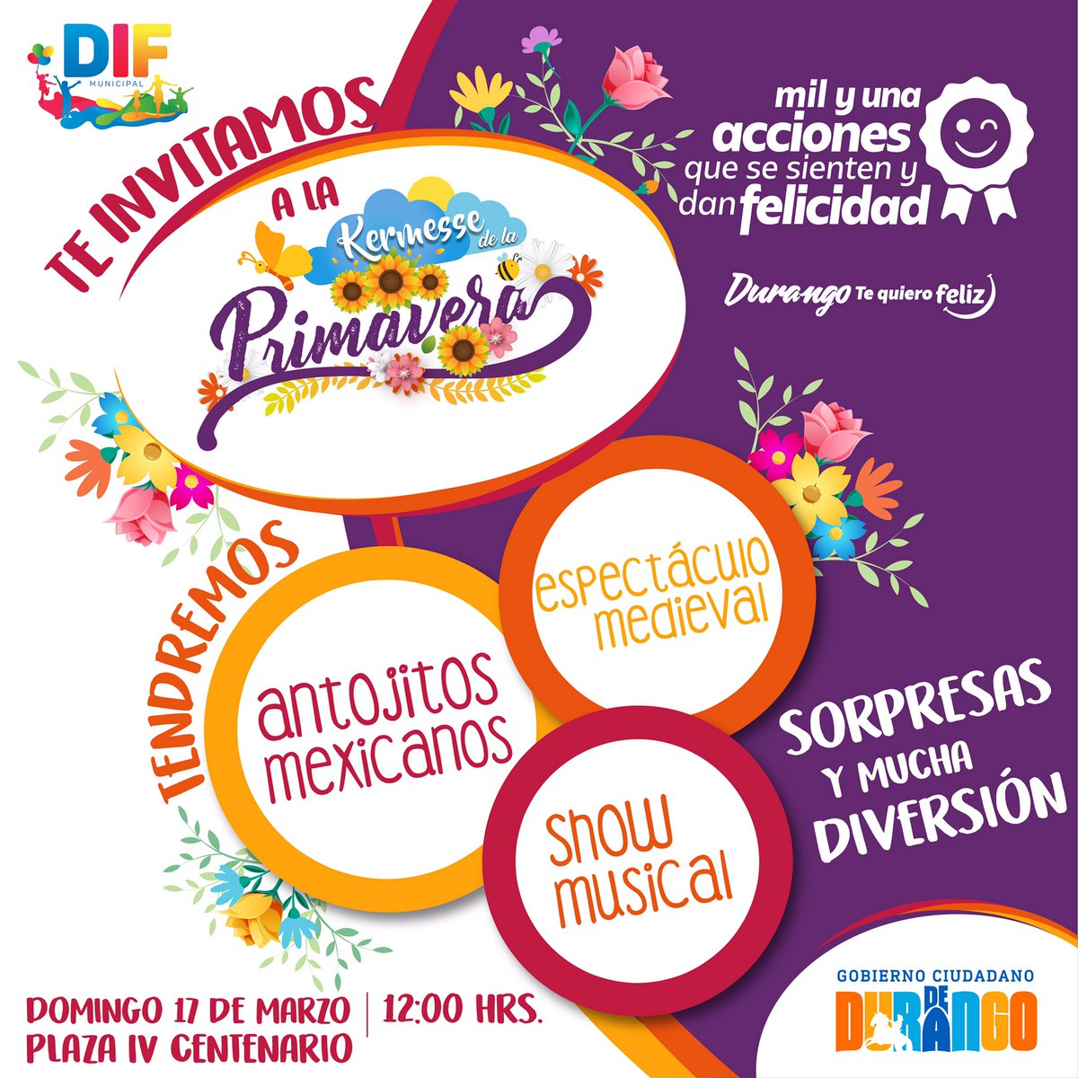 Los invitamos a la Kermesse de la Primavera 2019 el 17 de marzo a partir de las 12:00 horas en la Plaza IV Centenario 🌻🐝🦋
Habrá antojitos mexicanos, espectáculo medieval, música, sorpresas ¡y mucha diversión!

#MujeresyFamiliasFuertes