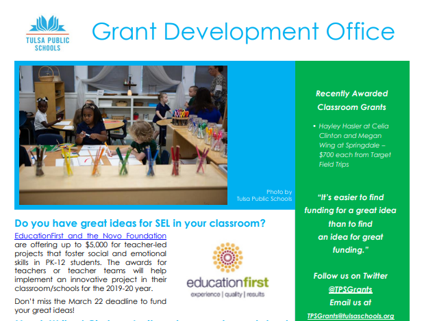 Did you miss the Grant newsletter again because you forgot to subscribe? Here is the February issue bit.ly/2H3MxoI 

Go to tulsaschools.org/grants to subscribe for future issues.

#SuccessTPS #TeamTulsa #oklaed #grants