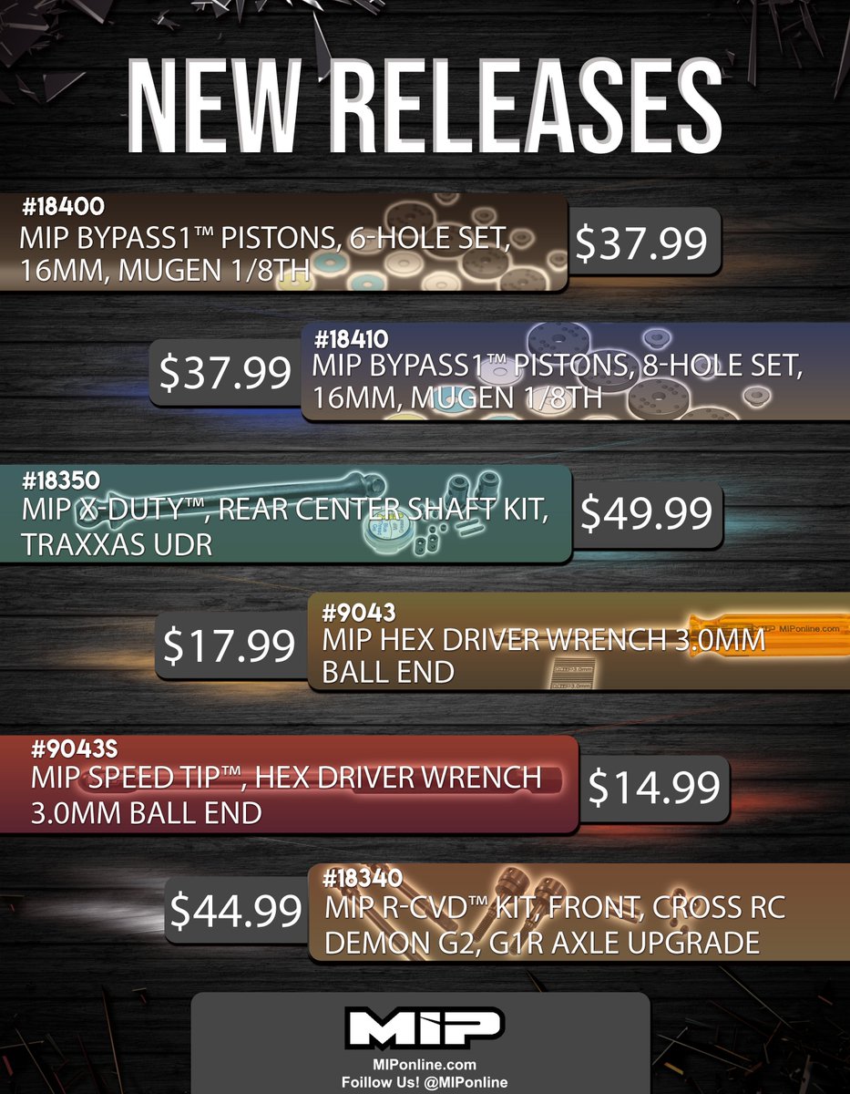 MIPonline's tweet photo. Missed some of the new releases from MIP? We got you covered! Checkout all the latest products we have released this year! #MIPonline #MIP #RC #RCCar #radiocontrol #rccar #rccars #remotecontrol #hobby #rchobby #rcracing #rctrucks #rcnews #Bypass1 #NeedMOORE https://t.co/p5aN3SkDrU