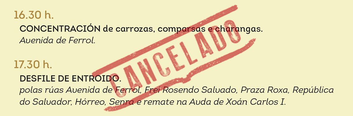 ATENCIÓN, AVISO MOI IMPORTANTE DE <a href="/PazodeRaxoi/">Concello de Santiago</a>! 

Por causa da ameaza de temporal ⛈🌧 SUSPÉNDESE O DESFILE DE #ENTROIDO programado para esta tarde en Santiago. Axudádenos a difundir esta nova!